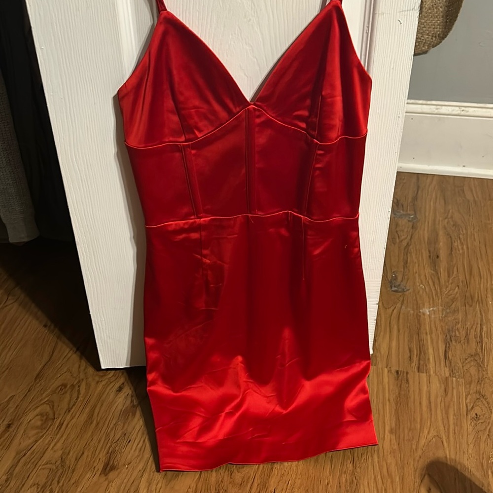 Red satin mini dress